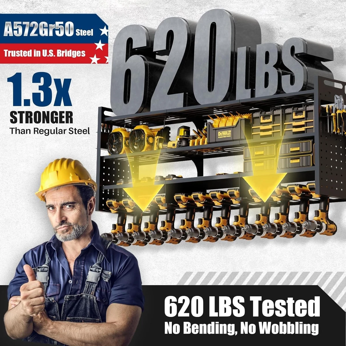 49'' W Power Tool Rack Wall Mount | Large 620lbs Power Tool Storage Organiser wi