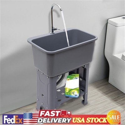 Freestanding Plastic Utility Sink Laundry Tub Laundry Sink with Faucet Grey NEW