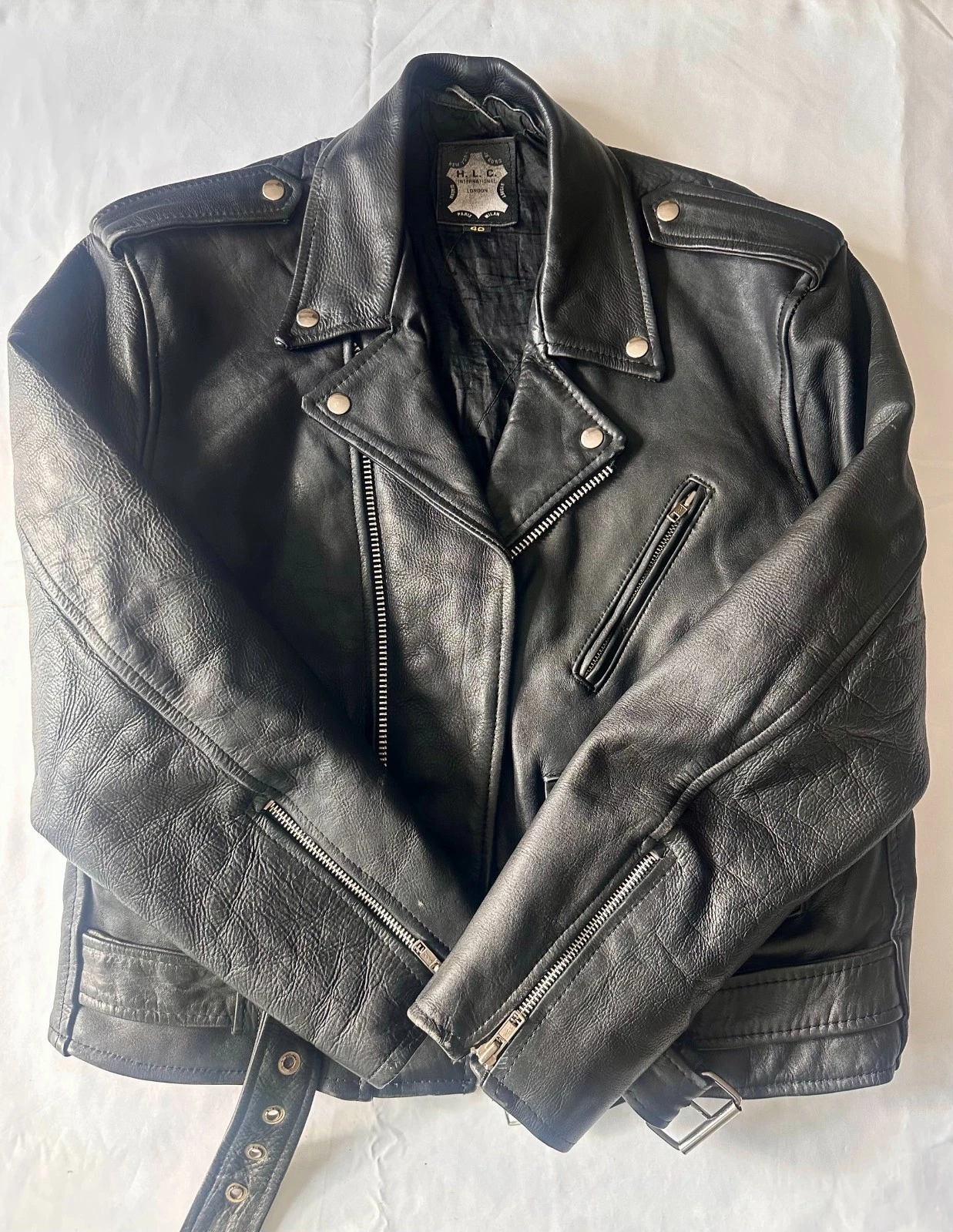 Vintage 90s Black Leather Biker Motorcycle Jacket Camden London Punk Belted HLC - product detail image 3