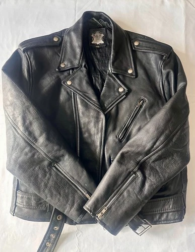 Vintage 90s Black Leather Biker Motorcycle Jacket Camden London Punk Belted HLC  image 3