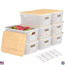 8-Pack Cream White Plastic Storage Bins with Bamboo Lids - Stackable Baskets