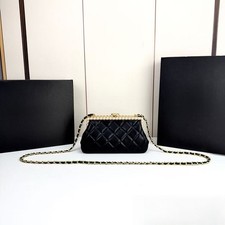 Women's Elegant Black Quilted Clutch, Gold Hardware Frame Shoulder Bag