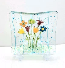 Hand Painted Flowers On Clear Background Fused Art Glass Square Trinket Dish 6"