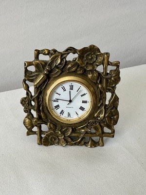 Vintage Floral Brass Tone Desk Clock Quartz Japan Movt Taiwan Tabletop Clock