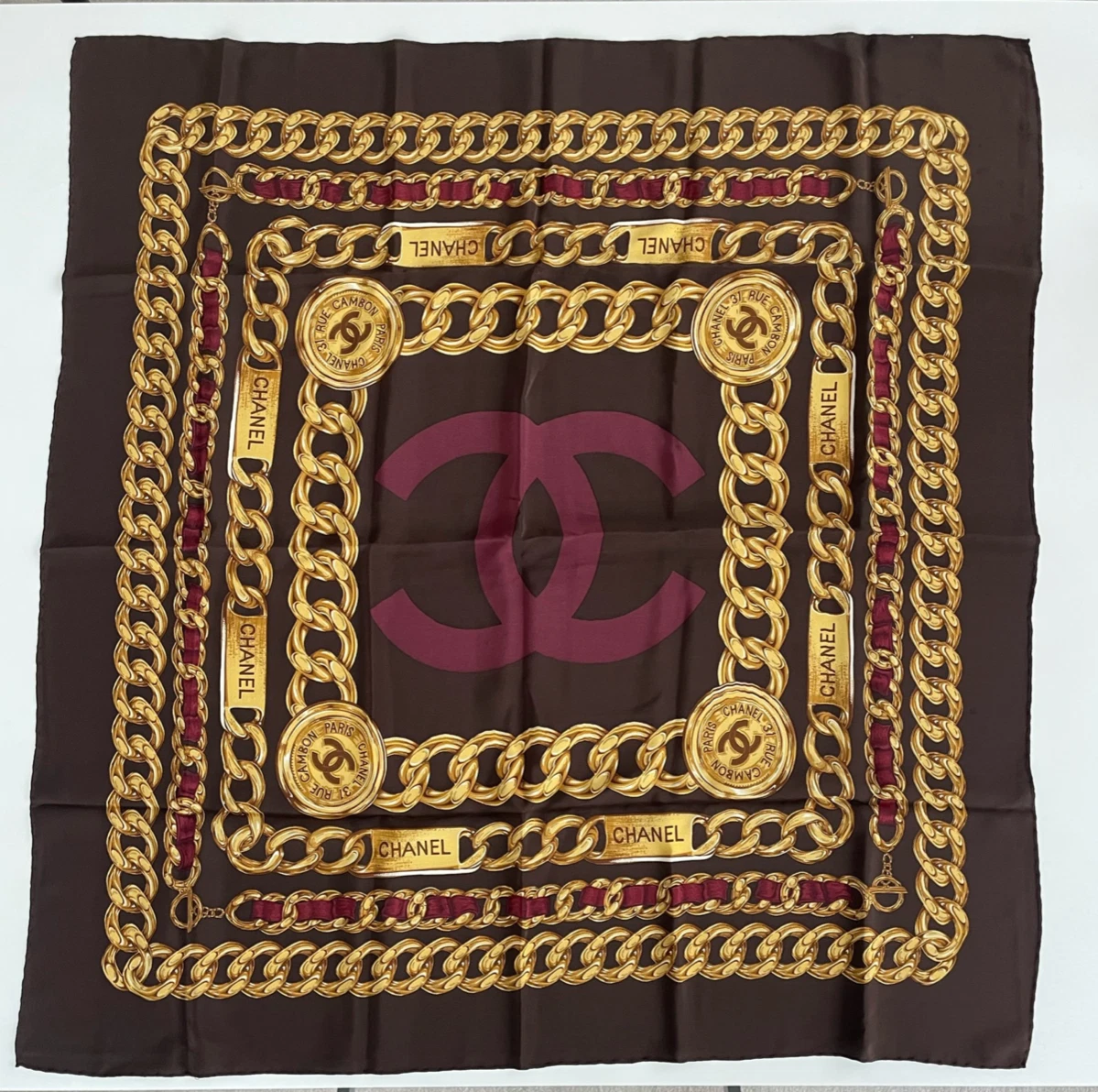 Chanel Vintage Square Brown Purple CC Medallion Gold Chain Silk Scarf