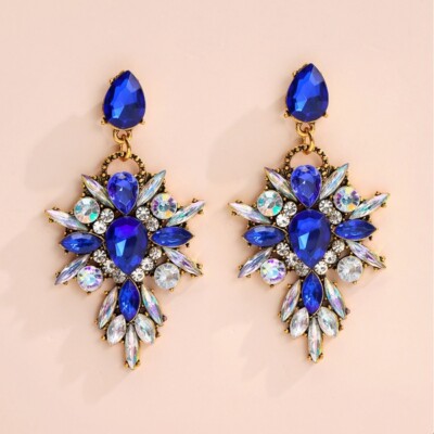 Exquisite Glitter Royal Blue & AB Clear Crystal Cascade Earrings