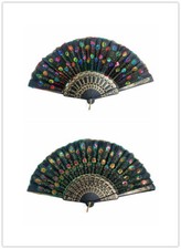 Handmade Multi-Color Embroidered Peacock Pattern Sequin Fabric Hand Fan