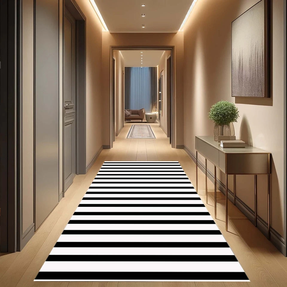 Alfombra de corredor a rayas blancas negras, alfombra de pasillo moderna, alfombra minimalista para decoración del hogar Foto 2 de 4