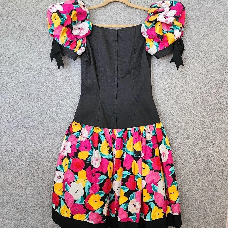 Vintage Victor Costa 80S Dress Womens Size 6 Black Floral Puff Sleeve Drop Waist - Image 4 of 4
