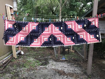 Vtg Craft Maker's Pinned Sewn Partial Floral Quilt 22'' x 82'' Navy Blue Pink