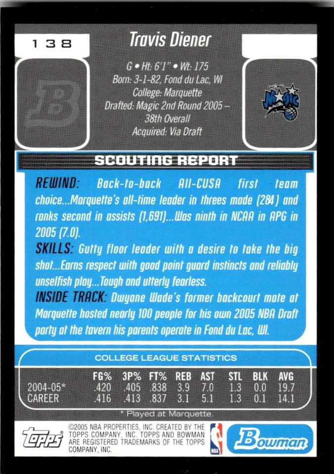 2005-06 BOWMAN DRAFT PICKS AND PROSPECTS Travis Diener Orlando Magic #138 - Image 2 of 2