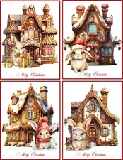 8 CHRISTMAS CARDS BUNNY RABBIT GINGERBREAD HOUSE GLOSSY BLANK RED ENVELOPES