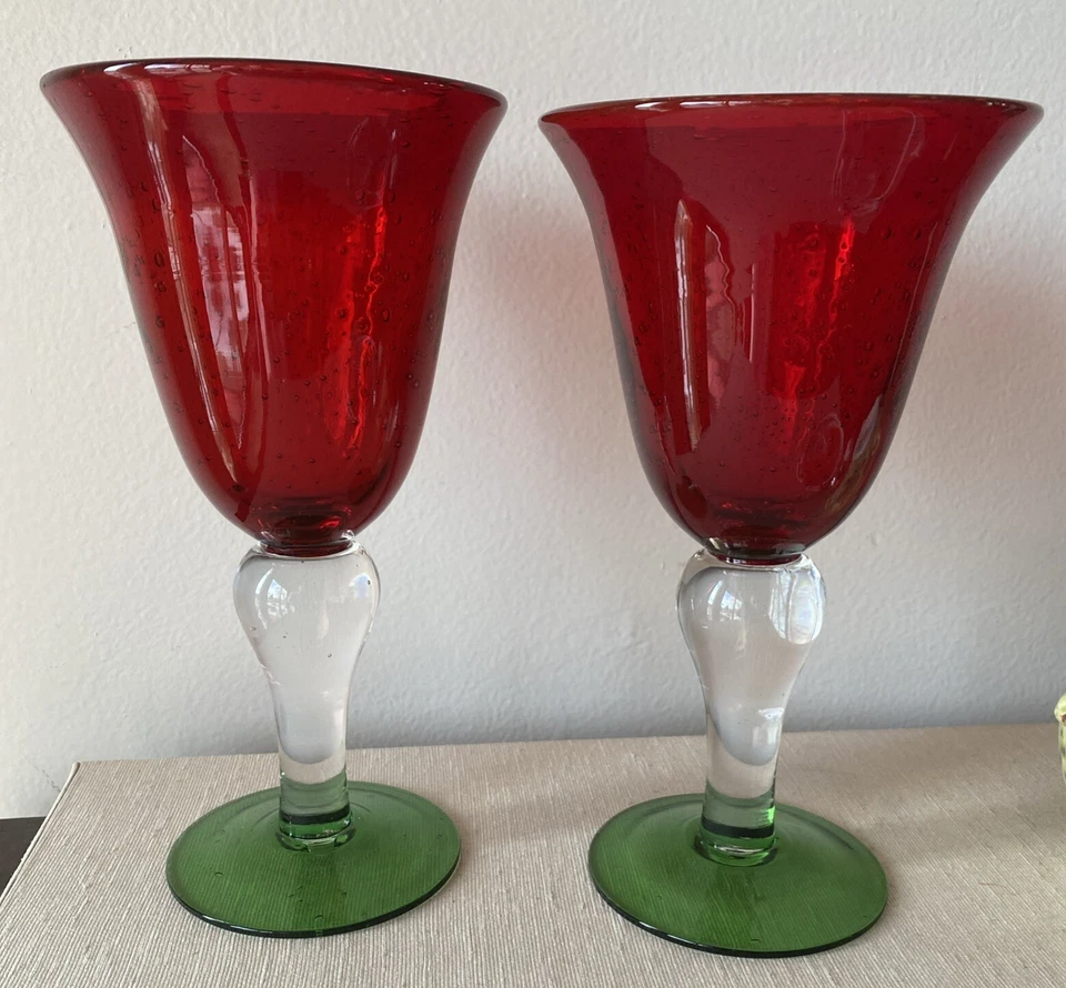 ARTLAND 2 Salute Ruby Red 8” Goblets Bubble Clear Stem Green Base Blown Glass - Image 2 of 4