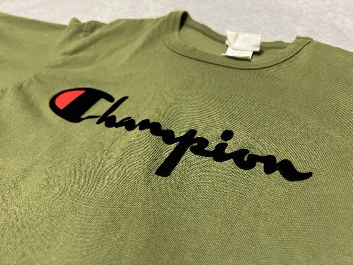 Champion Shirt Mens Large Olive Green Spelllout Velvet Logo Jersey