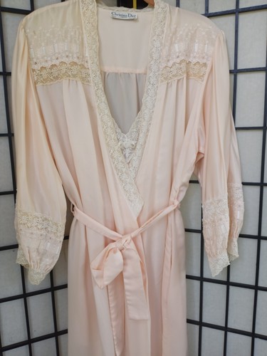 VINTAGE CHRISTIAN DIOR LONG SATIN ROBE LACE Night Gown HOLLYWOOD GLAM - Picture 2 of 8