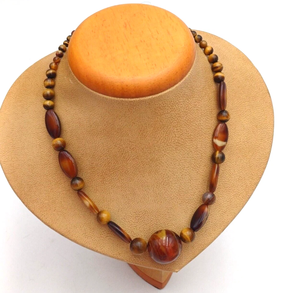 OCCHIO DI TIGRE E RESINA STRIATA - GIROCOLLO VINTAGE - Immagine 2 di 4