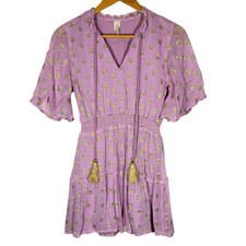 RAGA Kenna Purple Short Sleeve Mini Dress Size XS Metallic Gold Dot Tasseled