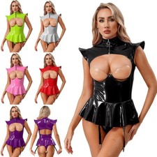 Women Outfits Dance Clubwear Naughty Bodysuit PVC One Piece Wet Look Jumpsuit