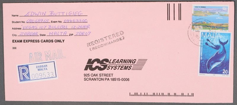 MayfairStamps Malta 1990s Zabbar Registered to Scranton PA Air Mail Cover aaz_43