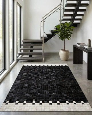 Black Cowhide Patchwork Area Rug Handmade Leather Rug Modern Mosaic Carpet Conte