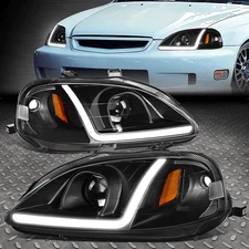 [LED DRL]FOR 99-00 HONDA CIVIC BLACK HOUSING AMBER CORNER PROJECTOR HEADLIGHTS