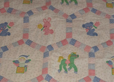 Vintage 1987 Baby Quilt Hand Quilted Pastel Animals Crib Blanket Cottagecore 80s