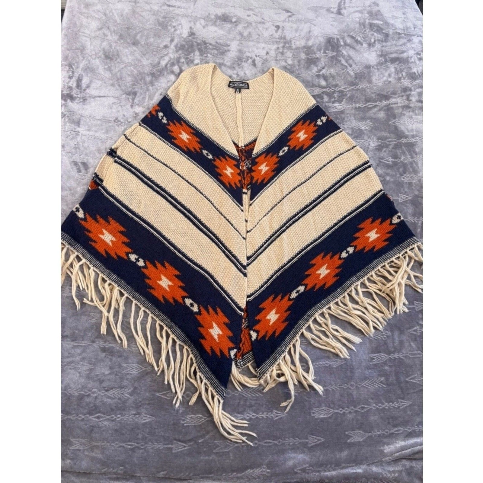Almost Famous Poncho Women's S-M Beige Navy Orange Aztec Print