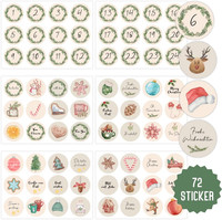 Aufkleber Weihnachten Rund | 72 Sticker Adventskalender Zahlen | Weihnachtsaufkl