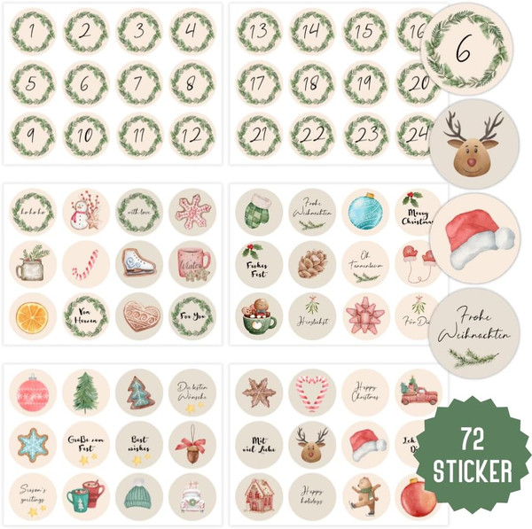 Aufkleber Weihnachten Rund | 72 Sticker Adventskalender Zahlen | Weihnachtsaufkl-image
