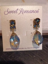 Sweet Romance  USA, Pierced Blue Rhinestone Flower, Dangle Earrings, Pre-owned 