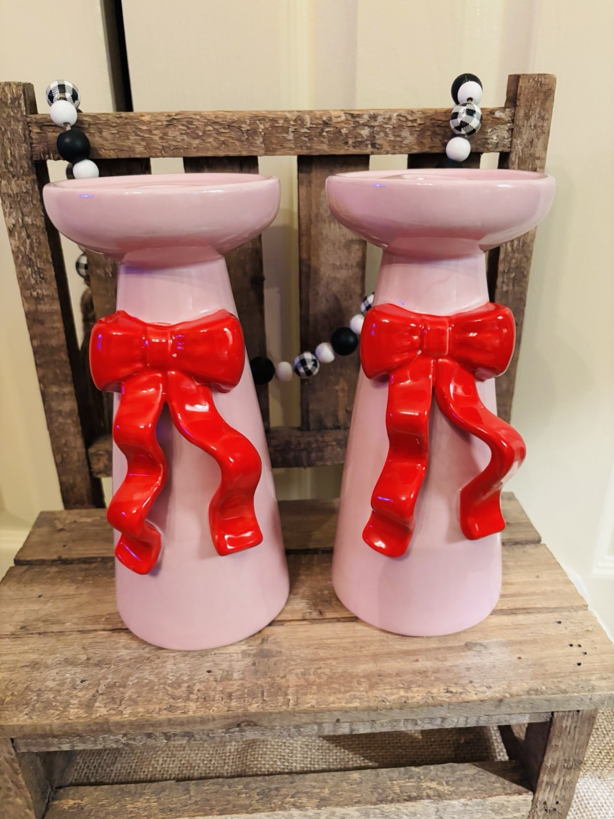 New Ceramic Red Bow/Pink Ceramic Candle Holder Set