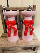 New Ceramic Red Bow/Pink Ceramic Candle Holder Set