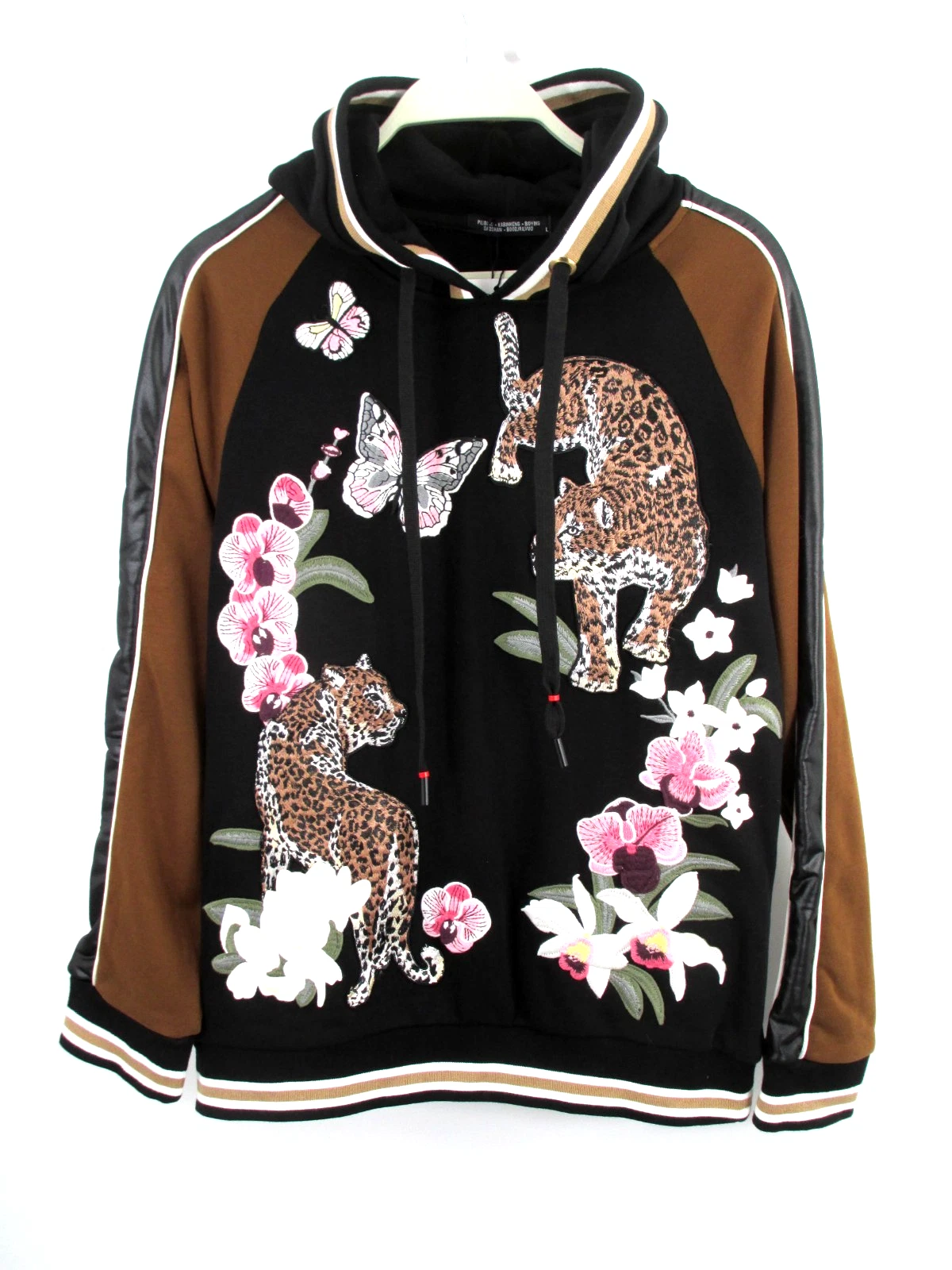 NWT Asian Inspired Hooded Pullover Sweatshirt Women L Cheetah Floral Embroidery