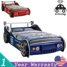 Twin Race Car Bed Frame with Wheels LED Light 250 lbs Capatity for Kids
