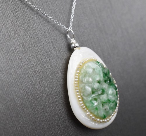 Sterling Silver 925 Mother of Pearl Pendant Carved Jadeite Jade & Pearl 18" 1.2g - Picture 6 of 13