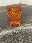 Vintage FENTON Hobnail Toothpick Holder Orange Amberina Art Glass 3 Footed