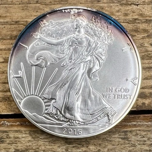 Burnished 2016 W American Silver Eagle Lettered Edge- Toned Electric Blue & Pink