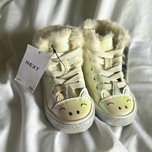 NEXT Girls White High Top Unicorn Trainers Glitter Faux Fur Trim UK 5