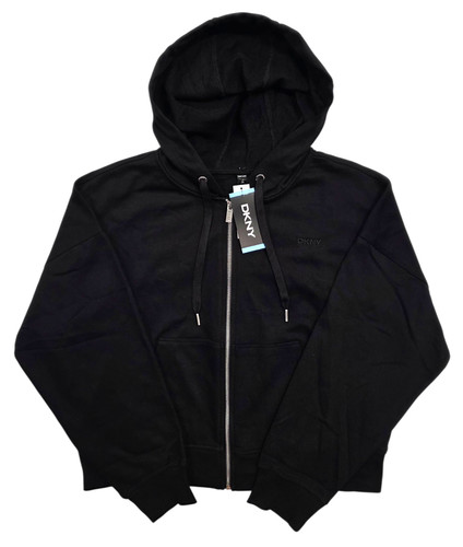 DKNY #11848 NEW Women's Black Full Zip Terry Cropped Hoodie MSRP $69.50