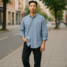 Ralph Lauren Blake Men’s Dress Shirt Blue Solid Long Sleeve 100% Cotton Sale