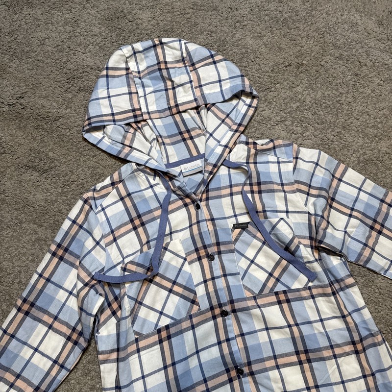 NwoT Columbia Women’s SZ Small White/blue Plaid Flannel Button Down Shirt Hood