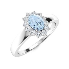 925 Silver Oval March Birth Aquamarine Stone Wife Prong Halo Promise Ring