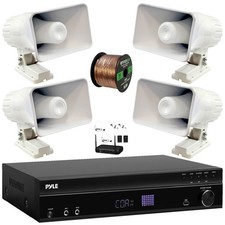 Pyle USB-A MP3 Receiver, 4x 6'' Indoor/Outdoor PA Horn Speakers W/ Wireless Mic