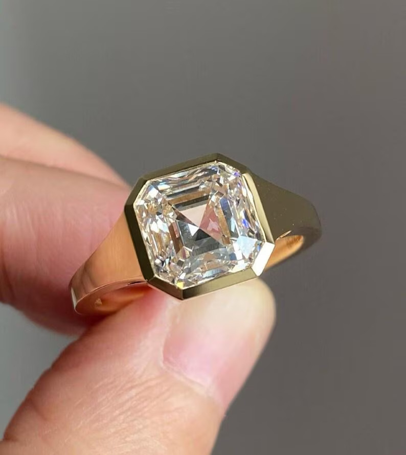 4 Ct Asscher Cut Solitaire CZ Bezel Set Signet Engagement Ring Sterling Silver