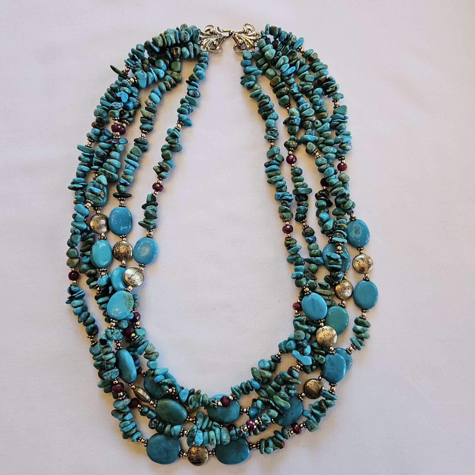 5 Strand Multisized Turquoise and Ruby Beaded Nec… - image 1