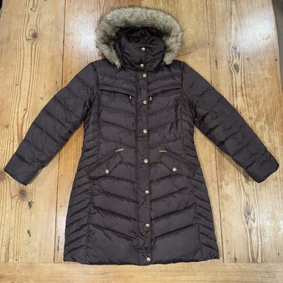 Michael Kors Women's L Brown Quilted Down Feather Puffer Coat Jacket Faux Fur