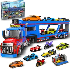 City Transporter Truck Building Set with 7 Sports Cars - Adjustable Loading Ramp