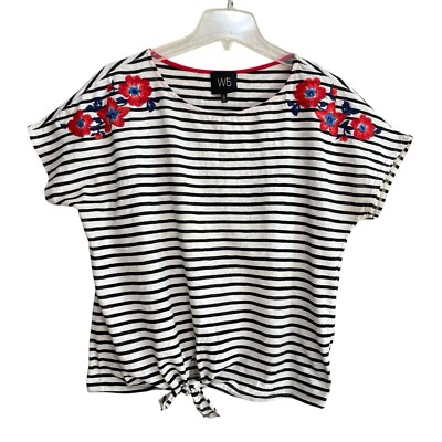 W5 T-Shirt Top Womens Size Lg White Black Striped Tie Front Floral Embroidered
