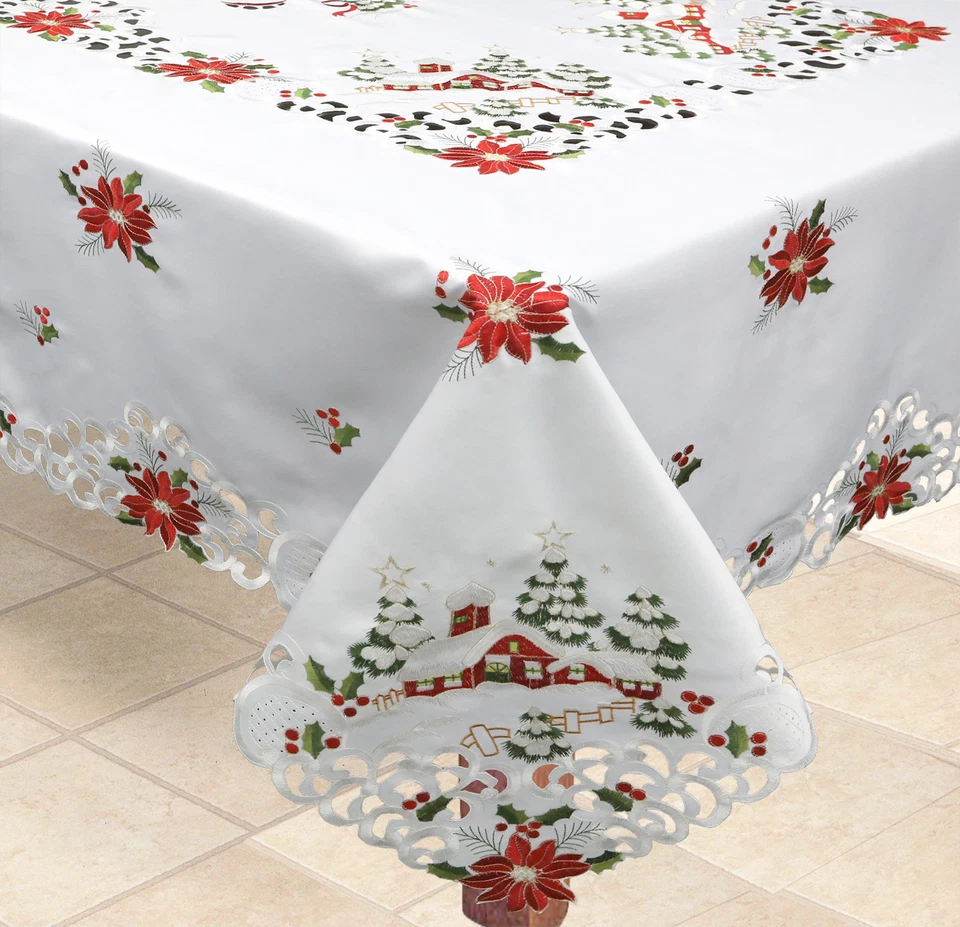Holiday Christmas Tree Red Poinsettia Snowy Cabin Tablecloth & Napkins White - Image 3 of 4