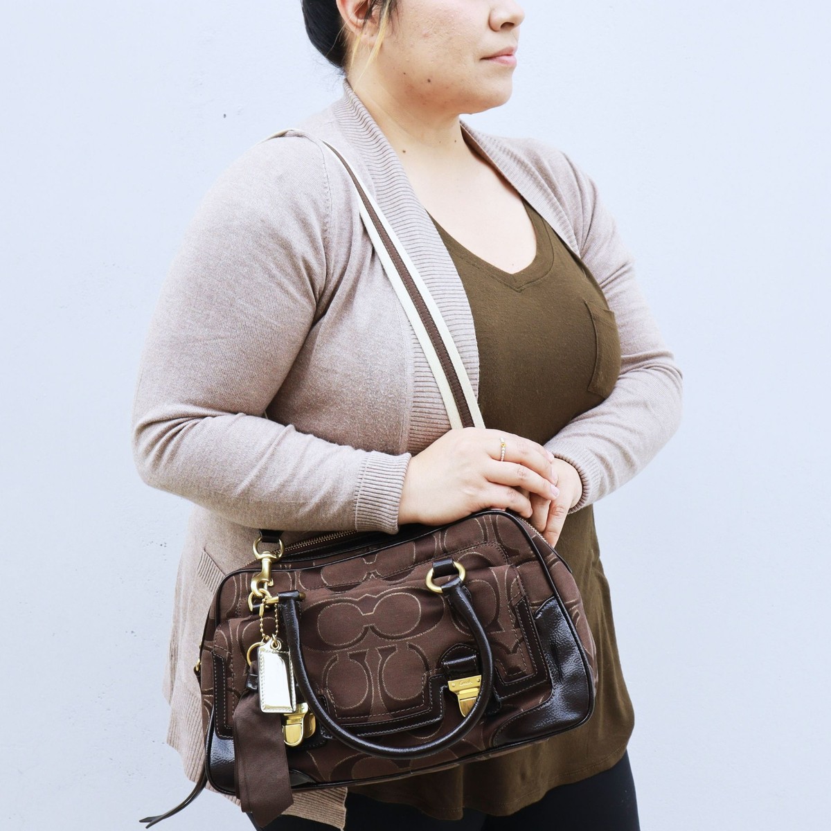 NWT Coach Signature Pushlock Satchel Crossbody Bag in Chocolate | eBay